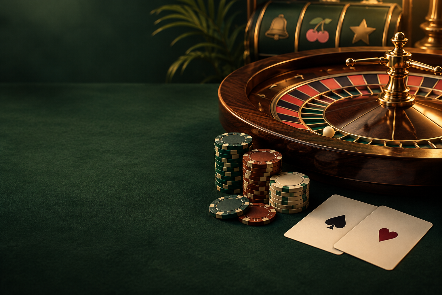 Ilustrasi meja roulette dengan kartu dan cip kasino
